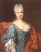 unknow artist Portrait of a lady,half-length,wearing a blue embroidered dress with a scarlet mantle china oil painting reproduction